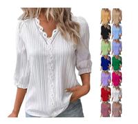 Summer Tops for Women UK Sale Clearance Elegant Lace Splicing V-Neck Hollow Bubble 3/4 Sleeve Solid Color Blouses Soft Comfy Classic-Fit Dressy Shirts for Work Office White