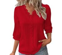 Summer Tops for Women UK Sale Clearance Elegant Lace Splicing V-Neck Hollow Bubble 3/4 Sleeve Solid Color Blouses Soft Comfy Classic-Fit Dressy Shirts for Work Office Red