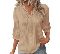 Summer Tops for Women UK Sale Clearance Elegant Lace Splicing V-Neck Hollow Bubble 3/4 Sleeve Solid Color Blouses Soft Comfy Classic-Fit Dressy Shirts for Work Office Khaki