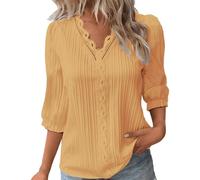 Summer Tops for Women UK Sale Clearance Elegant Lace Splicing V-Neck Hollow Bubble 3/4 Sleeve Solid Color Blouses Soft Comfy Classic-Fit Dressy Shirts for Work Office Yellow