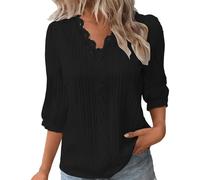 Summer Tops for Women UK Sale Clearance Elegant Lace Splicing V-Neck Hollow Bubble 3/4 Sleeve Solid Color Blouses Soft Comfy Classic-Fit Dressy Shirts for Work Office Black