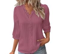 Summer Tops for Women UK Sale Clearance Elegant Lace Splicing V-Neck Hollow Bubble 3/4 Sleeve Solid Color Blouses Soft Comfy Classic-Fit Dressy Shirts for Work Office Pink