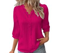 Summer Tops for Women UK Sale Clearance Elegant Lace Splicing V-Neck Hollow Bubble 3/4 Sleeve Solid Color Blouses Soft Comfy Classic-Fit Dressy Shirts for Work Office Hot Pink