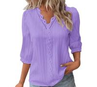 Summer Tops for Women UK Sale Clearance Elegant Lace Splicing V-Neck Hollow Bubble 3/4 Sleeve Solid Color Blouses Soft Comfy Classic-Fit Dressy Shirts for Work Office Purple