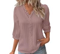 Summer Tops for Women UK Sale Clearance Elegant Lace Splicing V-Neck Hollow Bubble 3/4 Sleeve Solid Color Blouses Soft Comfy Classic-Fit Dressy Shirts for Work Office Rose Gold