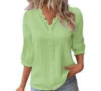 Summer Tops for Women UK Sale Clearance Elegant Lace Splicing V-Neck Hollow Bubble 3/4 Sleeve Solid Color Blouses Soft Comfy Classic-Fit Dressy Shirts for Work Office Mint Green