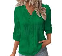 Summer Tops for Women UK Sale Clearance Elegant Lace Splicing V-Neck Hollow Bubble 3/4 Sleeve Solid Color Blouses Soft Comfy Classic-Fit Dressy Shirts for Work Office Green