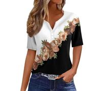 Summer Tops for Women UK Sale Elegant Blouse Shirts UK Plus Size Vacation Trendy Dressy Blouses V Neck Button Floral Short Sleeve T-Shirts Casual Loose Comfy Stretch Tunic Top