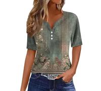 Summer Tops for Women UK Sale Elegant Blouse Shirts UK Plus Size Vacation Trendy Dressy Blouses V Neck Button Floral Short Sleeve T-Shirts Casual Loose Comfy Stretch Tunic Top