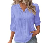 Summer Tops for Women UK Sale Elegant Lace Splicing Hollow Bubble 3/4 Sleeve Solid Color Blouses V-Neck Shirt Ladies Soft Comfy Classic-Fit Dressy Casual Plain Tops for Work Office