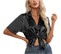 Summer Tops for Women UK Satin Silk Button up Plain T Shirt Short Sleeve Lapel Collar Blouse Glossy Smooth Tunic Shirt with Tie Kont Hem Summer Undershirts Loose Office Beach Casual Wear