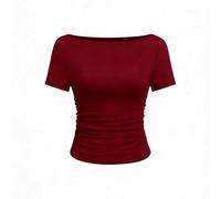 Summer Tops for Women UK Short Sleeve Boat Neck T Shirt Side Shirring Tops Fitted Basic Tee Fashion Trendy Outfit Basic Tees for Women UK Wine S