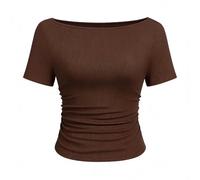 Summer Tops for Women UK Short Sleeve Boat Neck T Shirt Side Shirring Tops Fitted Basic Tee Fashion Trendy Outfit Spring Tops for Women UK Brown M