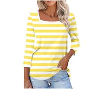 Summer Tops for Women UK Striped Square Neck Shirts 3/4 Length Sleeves T-Shirts Casual Loose Tee Shirts Summer Tunic Top Hpliday Work Casual Shirt Going Out Tops Plus Size Tess
