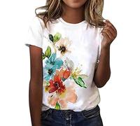 Summer Tops for Women UK, Summer Crew Neck Tee Shirt Young Womens Floral Print T-Shirts Fashion Short Sleeved Tunic Tops Casual Loose Blouses Women's Holiday Pullover Sleeveless Tops for Women Blouse