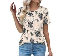 Summer Tops for Women's Casual Shirt Crew Neck Short Sleeve Tunic Blouses Loose Fit Pleated Shirts Floral Printed Ladies Henley T-Shirts Khaki White