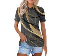 Summer Tops for Women's Casual Shirt V Neck Short Sleeve Tunic Blouses Loose Fit Pleated Shirts Floral Print Button Down Ladies Henley T-Shirts Pull Over(Gold,3XL)