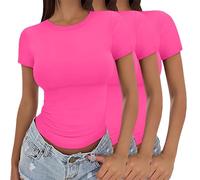 Summer Tops,Womens 3 Pack Short Sleeve Crop Tops Crew Neck Basic T-Shirts Stretch Fitted Plain Summer Casual Tunic Blouse Y2K Going Out Versatile Aesthetic Streetwear Slim Fit Clothes XS-XL Hot Pink