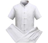 Summer Traditional Chinese Clothing for Men Suits Linen Suit Top Pants Sets Mens Oriental Clothes Training Mens Suit Wool (White, XXXL)