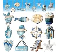 Summer Tree Decorations, Kaluofan 24PCS Wood Summer Decorations, Fish Turtles Deckchairs Shells Seahorses Starfish Flip-flops Huts Coastal Decor, Wood Hanging Ornaments for Summer Hawaiian Beach Party