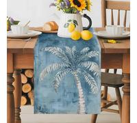 Summer Tropical Dark Palm Table Runner 70 Inches Long, Retro Blue Background Washable Table Runners Heat-Insulation Kitchen Dining Table Decorations for Home Party Decor 13x70in