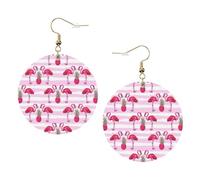Summer Tropical Flamingo And Pineapple Print Piercing Round Leather Earrings Set 1 Pair Stylish Leather Earrings Dangle Hoop For Women Jewelry Gifts