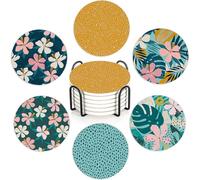 Summer Tropical Hibiscus Coasters Set of 6,Absorbent Ceramic Coasters with Cork Base,Round Coaster Mats for Cold Drinks & Mugs, Rustic Home Decor + Holder