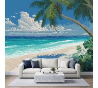 Summer Tropical Island Style Wall Mural 150x105cm, Palm Trees Sandy Beach Ocean Waves Poster Mural, HD 3D Print Non-Woven Photo Wallpaper, Modern Living Room Bedroom TV Backdrop Wall Decoration