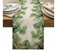 Summer Tropical Leaf Table Runner 13 x 36 Inch, Country Retro Watercolor Green Plant Leaves Washable Cotton Linen Dining Table Runner Tabletop Decorations for Restaurant Home Kitchen Party
