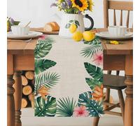 Summer Tropical Leaf Table Runner 13x48 Inches Long Country Forest Green Leaves Pink Flower Linen Texture Cotton Linen Table Runner Burlap Style for Dinner Table Party Decor Tabletop Decorations