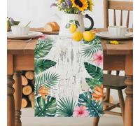 Summer Tropical Leaf Table Runner 13x60 Inches Long Country Vintage Forest Green Leaves Pink Flower Cotton Linen Table Runner Burlap Style for Dinner Table Party Decor Tabletop Decorations