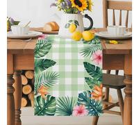 Summer Tropical Leaf Table Runner 16x72 Inches Long Country Forest Green Leaves Pink Flower Green Plaid Cotton Linen Table Runner Burlap Style for Dinner Table Party Decor Tabletop Decorations