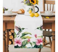 Summer Tropical Plants Table Runner 13x70 Inches Long Pink Floral Hummingbird Cotton Linen Table Runner Burlap Style for Dinner Table Party Decor Tabletop Decorations