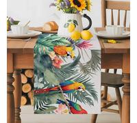 Summer Tropical Table Runner 13x36 Inches Long Palm Tree with Parrot Cotton Linen Table Runner Burlap Style for Dinner Table Party Decor Tabletop Decorations