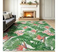Summer Tropical Washable Non-Slip Area Rug 160 x 230 cm | Vintage Botanical Bird of Paradise Frangipani Printed Low Pile Soft Carpet for Bedroom Throw Green for Dining Room Office