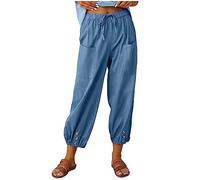 Summer Trousers for Women Oversize Button Jeans Beautiful Work Athletic Casual Plain Lightweight Training Elasticated Active Womens Linen (Blue,L)