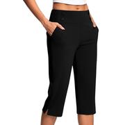 Summer Trousers for Women Tall Ladies Soft 3/4 Length Cropped Pants High Waist Stretch Pull on Bottoms Summer Golf Chino Joggers with Pockets Elegant Office Business B Black