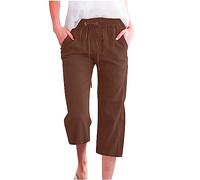 Summer Trousers for Women UK Capri 3/4 Joggers Women with Pocket Plus Size Cotton Linen Cropped Pants Drawstring Elastic Waisted Cropped Bottoms Sweatpants Shorts 05 Brown 5XL