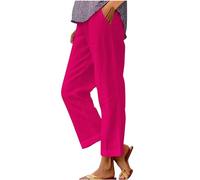 Summer Trousers for Women UK, Cotton Linen Trousers Womens UK Solid Color Elasticated Waist Trouser Ladies Summer Lounge Pants Plain Loose Fit Capri Pant Casual Straight Leg Bottoms with Pockets