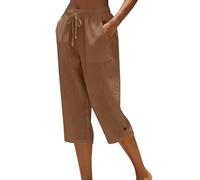 Summer Trousers for Women UK - Linen Viscose Jersey Stretch Cheesecloth Linen Look Summer Trousers Three Quarter Length 3/4 Length Pedal Pushers Culotte Style Regular Fit Floaty Flowy Brown