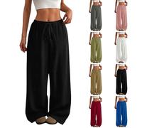Summer Trousers for Women UK Loose Wide Leg High Waist Straight Pants Casual Baggy Soft Lounge Bottoms Elderly Ladies Elasticated Waist Palazzo Flared Slacks Leisure Weekend Black M