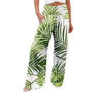 Summer Trousers for Women UK Plus Size 2023 New Colorful Flowers and Green Leaf Print with Pocket Wide Leg Pants Sales Casual Fashion High Elastic Waist Straight Leg Pants Travel Beach Flared Pants