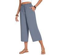 Summer Trousers for Women UK Wide Leg Linen Trousers Elasticated Waist Lightweight Cotton Linen Capri Pants with Pockets 3/4 Length Cropped Pants Palazzo Cotton Culottes Holiday Beach Clothes Blue