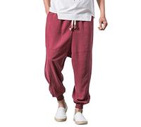 Summer Trousers Men's Baggy Harem Trousers Japanese Plain Casual Trousers Made of Cotton and Linen Loose Casual Home Trousers Long Lightweight Breathable Harem Trousers Oversized M-3XL, Red 1, L