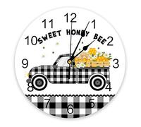 Summer Truck With Bees Sweet Honey Bee Black Checked Round Clocks Decorative Easy To Read Frameless Wall Clock Non-Ticking Wall Clock For Living Room Bedroom Office 25cm