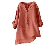 Summer Tunic Tops for Women UK Cotton Linen Blouse Rolled Sleeve Casual Shirts V Neck Loose Basic Blouse Business Casual Long Tops Ladies Elegant Party Oversized Tee Shirts Vacation Orange 4XL