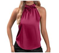 Summer V Neck Sleeveless Halterneck Tops Silk Satin Tank Women's Vests Satin Ladies Blouses Shirts Loose Sleeveless Silk Satin Tank Tops Summer Shirts Blouse Loose Fashion Vest (Watermelon Red, M)