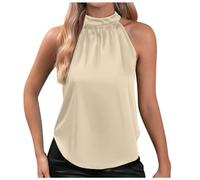 Summer V Neck Sleeveless Halterneck Tops Silk Satin Tank Women's Vests Satin Ladies Blouses Shirts Loose Sleeveless Silk Satin Tank Tops Summer Shirts Blouse Loose Fashion Vest Tops (Beige, L)