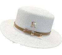 Summer Vacation Seaside Straw Hat Women Outdoor Beach Sunshade Flat Top Letter R Belt Flat-top Sun Hat with Paper Straw Hats (UK, Alpha, One Size, Milky White)