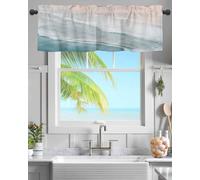 Summer Valances Curtain for Kitchen Cafe,Watercolor Blue Ocean Beach Window Valance Short Curtains 42"x 12" Rod Pocket Windows Treatment Drape for Bathroom Living Room Oil Painting Coastal Seascape